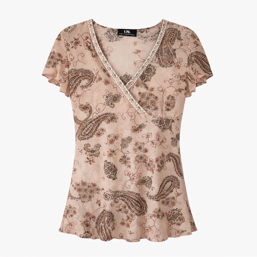 Sheer Paisley Wrap Top Flutter Sleeve